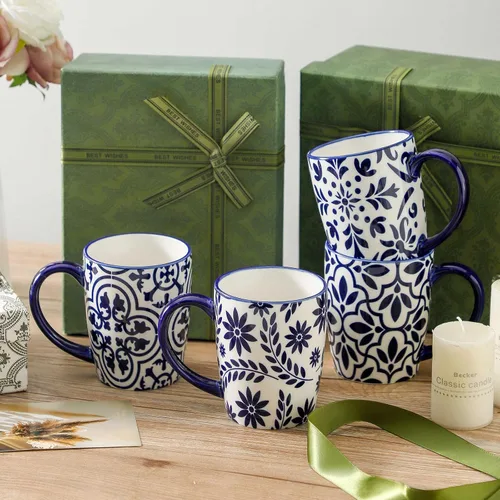 Vista 7 de HASENSE Tazas de café de 15 onzas, juego de 4 tazas de café de cerámica con patrones florales azules y blancos, juego de tazas de porcelana
