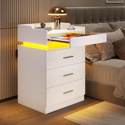 Vista 9 de HAUOMS Mesita de noche grande con estación de carga y luz LED, mesa auxiliar con 3 cajones y estante extraíble, mesita de noche con puertos USB