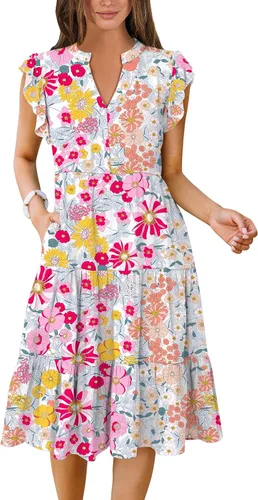 Vista 28 de ANRABESS Vestido de verano para mujer, manga con volantes, cuello en V, vestido midi a la moda, casual, holgado, escalonado, bohemio, playa