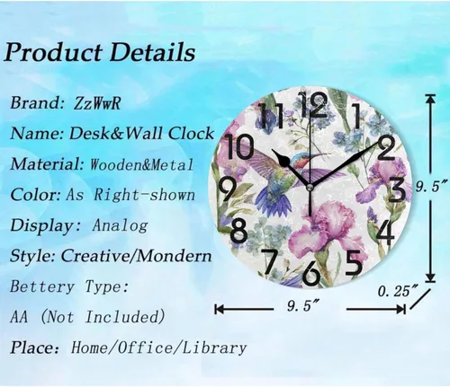 Vista 3 de Spring Hummingbird - Reloj de pared redondo con estampado de flores, 9.5 pulgadas, funciona con pilas, reloj de escritorio analógico silencioso