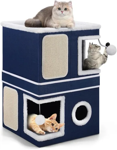 Vista 14 de Casa de Gato de 2 Pisos para Gatos de Interior, Separable en 2 Grandes Camas de Gato Cueva con Condominios Escondidos, Almohadillas para Rascar