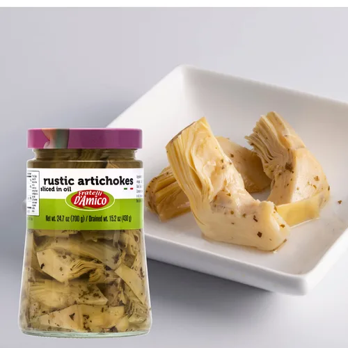 Vista 4 de Alcachofas rústicas en rodajas en aceite, calidad premium, seleccionado por el chef, tarro grande: 24.7oz (700 g), antipasto, marca italiana premium