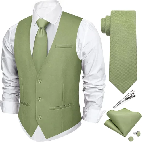 Vista 8 de DiBanGu Mens Vest Tie Set 5PCS Formal Dress Waistcoat Light Grey