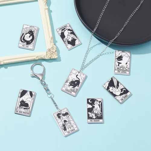 Vista 3 de Llavero con diseño de gato brujo, tarjeta de tarot para hacer joyas, 22 piezas Colgantes de acrílico gótico del zodiaco para Halloween