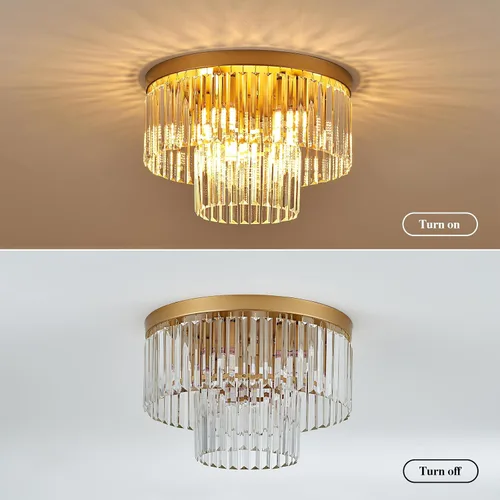 Vista 3 de Lámpara de Techo de Cristal Dorado de 17", 9 Luces, Accesorio de Iluminación de Cristal Moderno de 2 Niveles, Lámpara de Techo de Cristal K9 de Oro