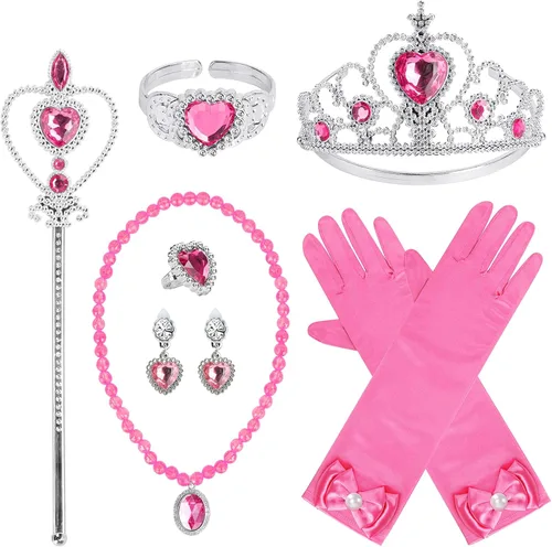 Vista 9 de Cocojeci Accesorios de fiesta de disfraces de princesa para disfraz de princesa, guantes de disfraz de tiara, collar, aretes, pulsera y anillo Azul