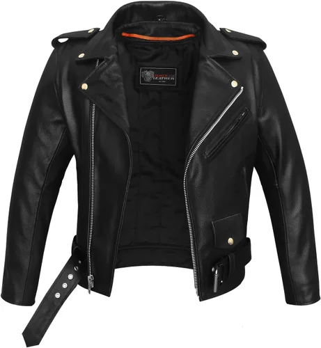 Vista 5 de Vance - Chaqueta de motociclista de cuero estilo policía clásico negro con lados lisos