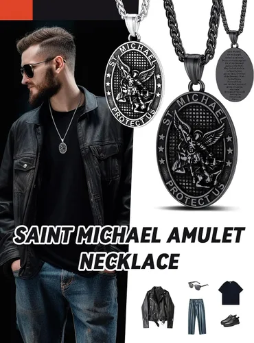 Vista 4 de FaithHeart Collar de San Miguel, acero inoxidable, chapado en oro de 18 quilates, amuleto colgante de San Miguel Arcángel para hombres y mujeres