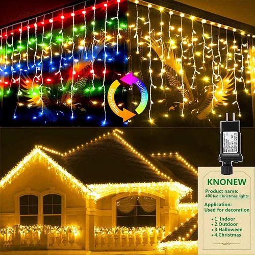Vista 10 de Guirnalda de 400 luces LED con 75 gotas, de 33 pies, 8 modos de funcionamiento, de alambre transparente para decoración al aire libre, 400 modos