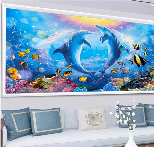 Vista 2 de Kits de pintura de diamante 5D DIY para adultos con bordado de delfín, perforación completa redonda de gran tamaño (31.5x11.8 pulgadas) Arte
