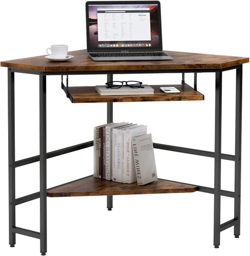 Vista 4 de SogesHome Escritorio esquinero de tocador, escritorio de maquillaje triangular con bandeja debajo de la mesa, escritorio de tocador que ahorra