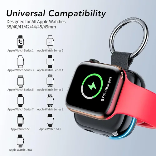 Vista 5 de HUOTO - Cargador portátil para Apple Watch, cargador magnético inalámbrico para iWatch de 1200 mAh, batería externa para viajes, llavero