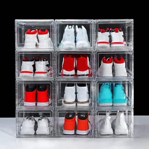 Vista 9 de Paquete de 12 cajas para zapatos, contenedor de caja para zapatillas de plástico acrílico transparente apilable, caja organizadora de zapatos