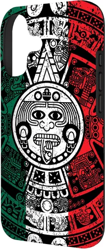 Vista 2 de Funda para iPhone 17 con calendario maya azteca con diseño de piedra solar envejecida de la bandera de México