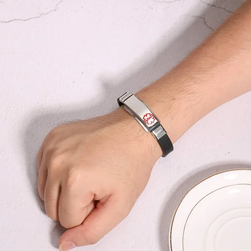 Vista 6 de Free Engraving Unisex Silicone and Stainless Steel Medical Alert ID Bracelets, Adjustable