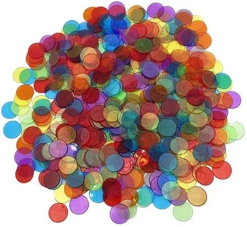 Vista 3 de JUNWRROW 500 piezas de 3/4 pulgadas transparentes de 6 colores Bingo contando chips con bolsa