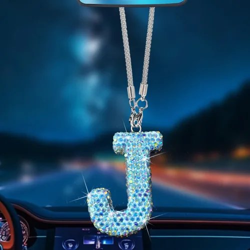 Vista 12 de Colgante de cristal brillante en forma de C, accesorios de automóvil para mujer, accesorios de espejo retrovisor con diamantes de imitación