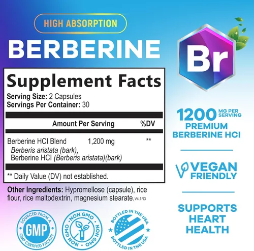 Vista 2 de Berberine HCL Blend 1200mg por porción – Alta absorción, suplemento de berberina extra fuerte – Salud avanzada del corazón y apoyo inmunológico
