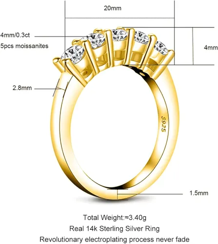 Vista 8 de AnuClub 5 Stone Moissanite Ring 1.5cttw D Color Lab Diamond Gold Plated Silver Stackable Rings For Women With Certificate