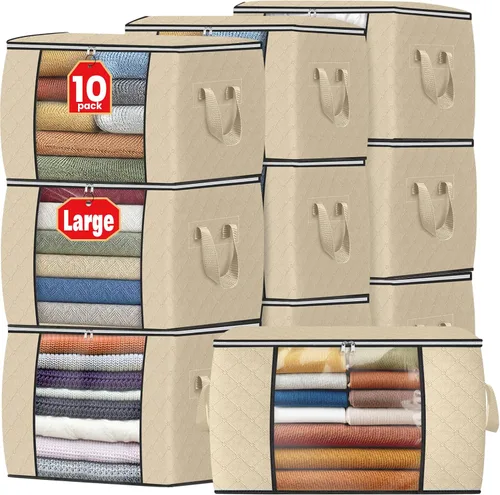 Vista 50 de Fab totes Paquete de 3 bolsas de almacenamiento plegables de tela gruesa, contenedores para organizar dormitorio, armario, ropa, edredón, Beige