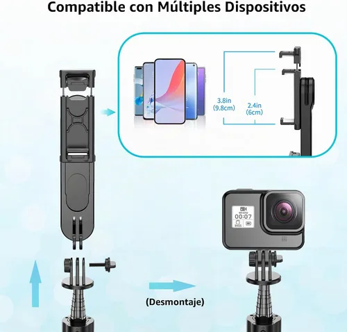 Vista 6 de Trípode estable para selfie stick con luz de relleno, palo selfie extensible de 44 pulgadas con control remoto inalámbrico y soporte de trípode Negro