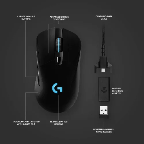 Vista 2 de Logitech G 703 Lightspeed - Mouse inalámbrico para juegos con sensor Hero 25K, compatible con PowerPlay, Lightsync RGB, ligero 95G+10G opcional