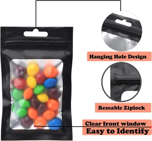 Vista 6 de 400 bolsas de Mylar resellables de 4 x 5 pulgadas, color negro, para almacenamiento de alimentos, bolsa resellable de Mylar con ventana transparente