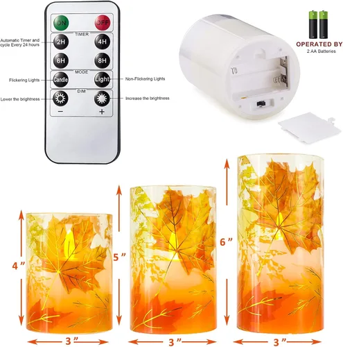 Vista 4 de Velas sin llama de otoño, velas LED de hoja de arce otoñal con control remoto y temporizador, velas de cera real parpadeantes realistas para fiestas