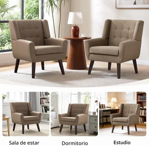 Vista 7 de HUIMO - Sillas Accent para sala de estar, sillón tapizado de lino con botones y nudos con patas de madera, cómodo sillón moderno de mediados