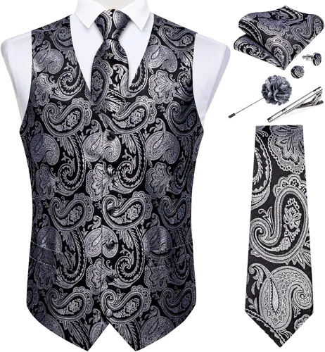 Vista 29 de DiBanGu Juego de chaleco y corbata para hombre, chaleco formal de cachemira y corbata con bolsillo cuadrado y gemelos, de seda, para traje o Verde