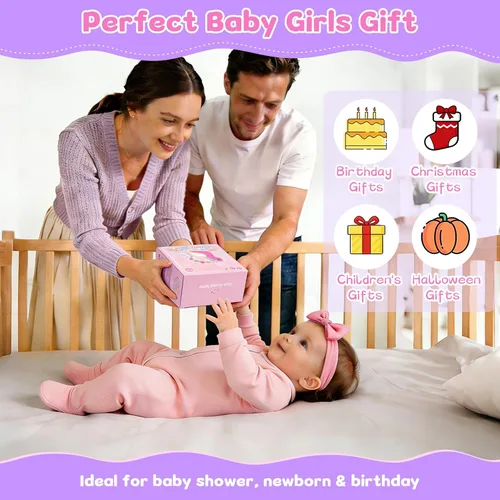 Vista 7 de Asiento de coche y cochecito de juguete para niña, peluche sensorial musical con sonajero y espejo, juguetes para bebés de 0 a 12 meses, juguetes