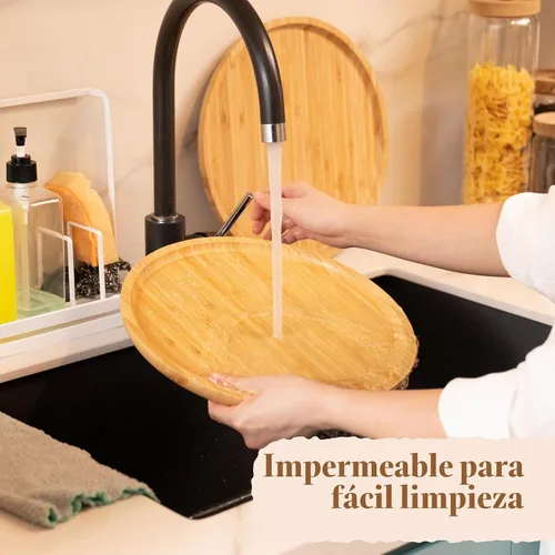 Vista 7 de Bandeja de servir de bambú, bandeja redonda de madera, bandeja de servir de madera, fruta, pan, plato de ensalada, tabla de servir charcutería, 9.8