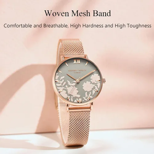 Vista 3 de RORIOS - Reloj de pulsera para mujer con esfera de flores y correa de malla de acero inoxidable analógico de cuarzo para mujer