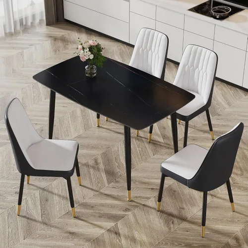 Vista 6 de Mesa de comedor de piedra sinterizada negra de 48.4 pulgadas, mesa de cocina rectangular minimalista con patas de metal negro, mesa de comedor