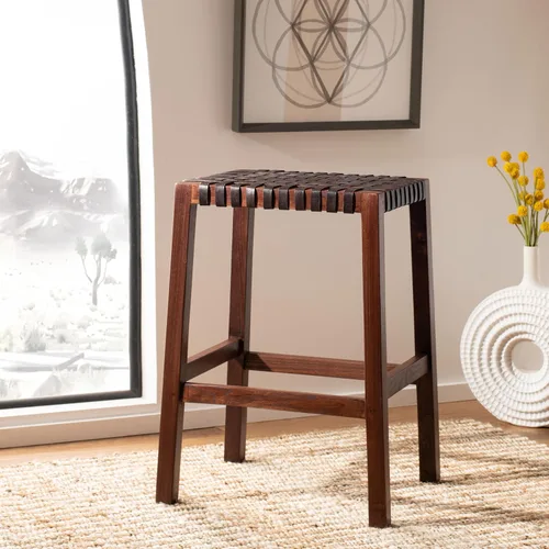 Vista 6 de SAFAVIEH Home Capri Taburete de madera y cuero marrón de 27 pulgadas