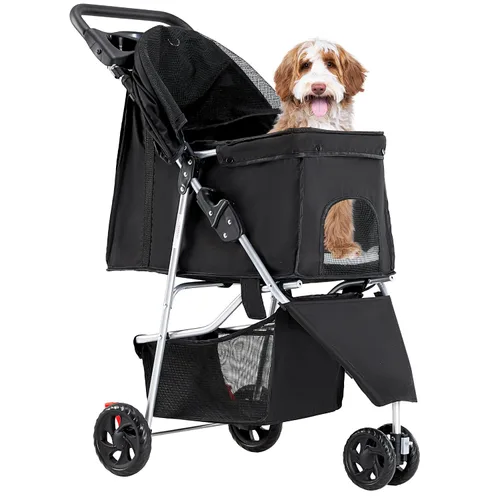 Vista 8 de NEWBULIG Cochecito para mascotas de 3 ruedas para perros y gatos, plegable, ligero y duradero para mascotas pequeñas a medianas, incluye cesta
