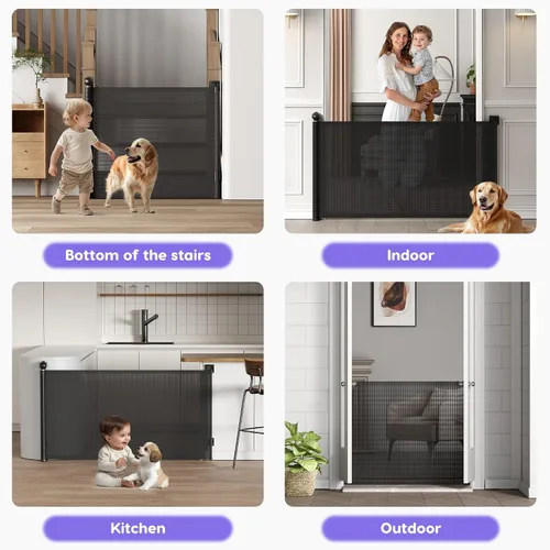 Vista 5 de Puerta retráctil para bebé, puerta de bebé para escaleras con bloqueo automático, puertas para perros para seguridad en puertas, se extiende hasta