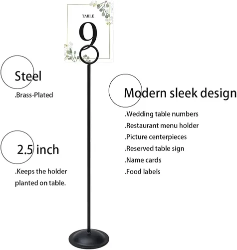 Vista 3 de HOHIYA Paquete de 12 soportes negros para números de mesa de 12 pulgadas, soportes para tarjetas de lugar de boda Elegantes soportes negros