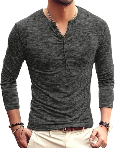 Vista 9 de KUYIGO Camisas Henley para hombre, estilo casual, ajustadas, básicas, de A01 Negro Puro