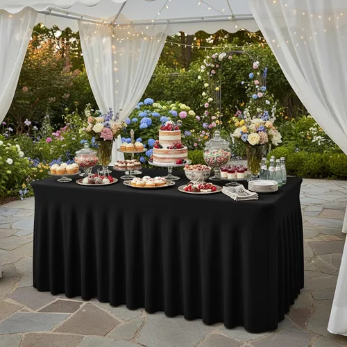 Vista 6 de Fixwal Paquete de 2 manteles de elastano negro para mesa rectangular de 4 pies, falda de mesa para fiesta, espectáculo, boda y cumpleaños