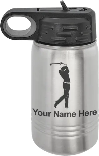Vista 44 de LaserGram Botella de agua personalizada, golfista de golf, acero inoxidable de doble pared aislada al vacío con popote superior, regalo grabado Negro