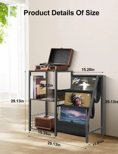 Vista 2 de Soporte para tocadiscos (marrón original, madera) – Estante de almacenamiento de vinilo de 3 niveles con estación de carga, marco de metal