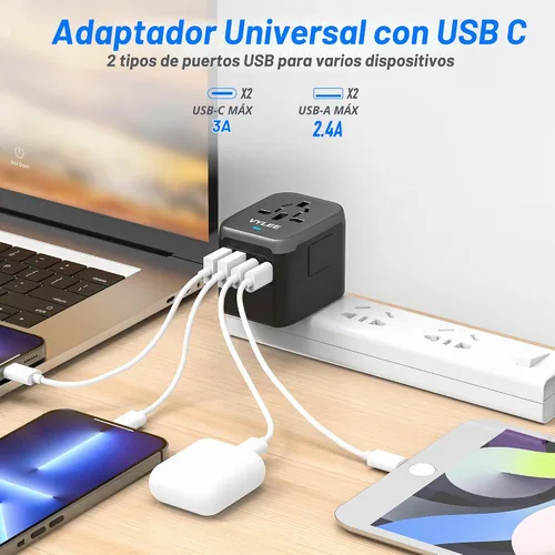 Vista 2 de VYLEE - Adaptador de viaje universal, adaptador de corriente internacional 5 en 1, cargador de pared 3.5A 2xUSB-A y 2 USB C, enchufe esencial