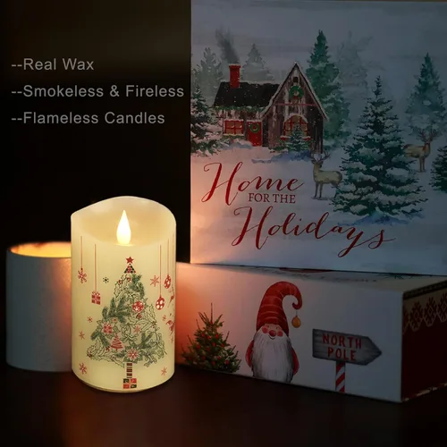 Vista 3 de Velas de Navidad sin llama con control remoto, 7,6 cm x 12,7 cm, Velas parpadeantes de cera real con mecha 3D, pilas, vela de árbol de Navidad Árbol