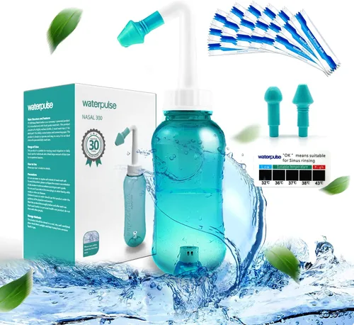 Vista 5 de Waterpulse Rinocornio para Enjuague Sinusal, Botella de Lavado Nasal Rinocornio Limpiador de Enjuague a Presión Neti-Pot con Termómetro Adherible
