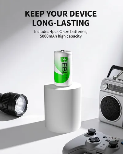 Vista 6 de EBL 906 cargador inteligente para baterías recargables AA AAA C D 9V con 4 baterías recargables 5000mAh C