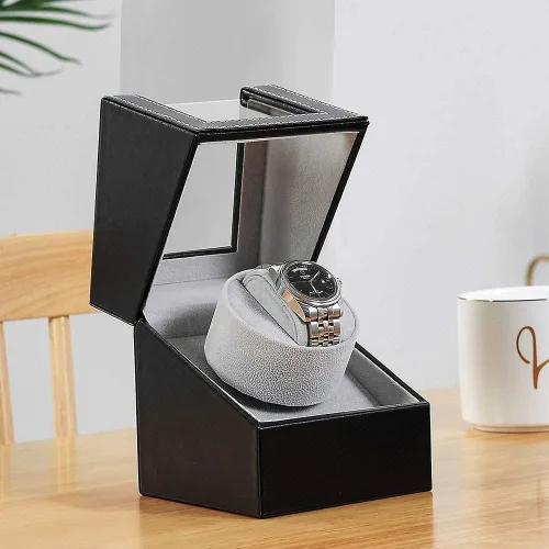 Vista 7 de Automatic Single Watch Winder with Quiet Japanese Motor,AC Adapter or Battery Powered,Premium Leather Exterior and Soft Flexible Watch Pillows for