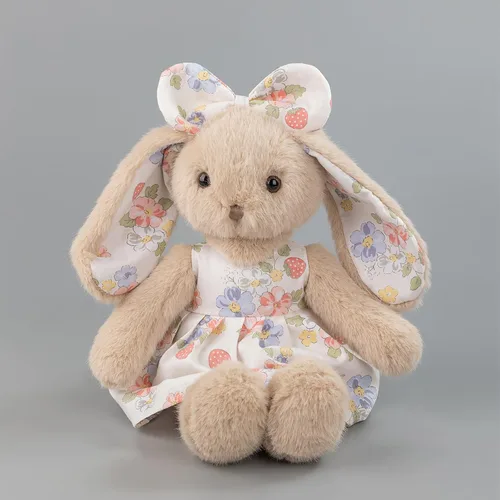 Vista 5 de Conejito de peluche de 14 pulgadas, conejo beige con vestido floral de fresa y lazo, regalo de conejo de Pascua suave para niñas, decoración
