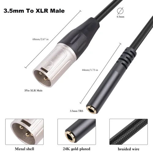 Vista 4 de Cable macho de 1/8 a XLR, cable adaptador de convertidor de audio macho TRS hembra equilibrado de 0.138 in a XLR macho (11.8 pulgadas)