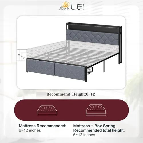 Vista 12 de SUNLEI Base de cama Queen con luz LED y 2 cajones, plataforma de metal con estación de carga y cabecera de almacenamiento de tela de lino, listones